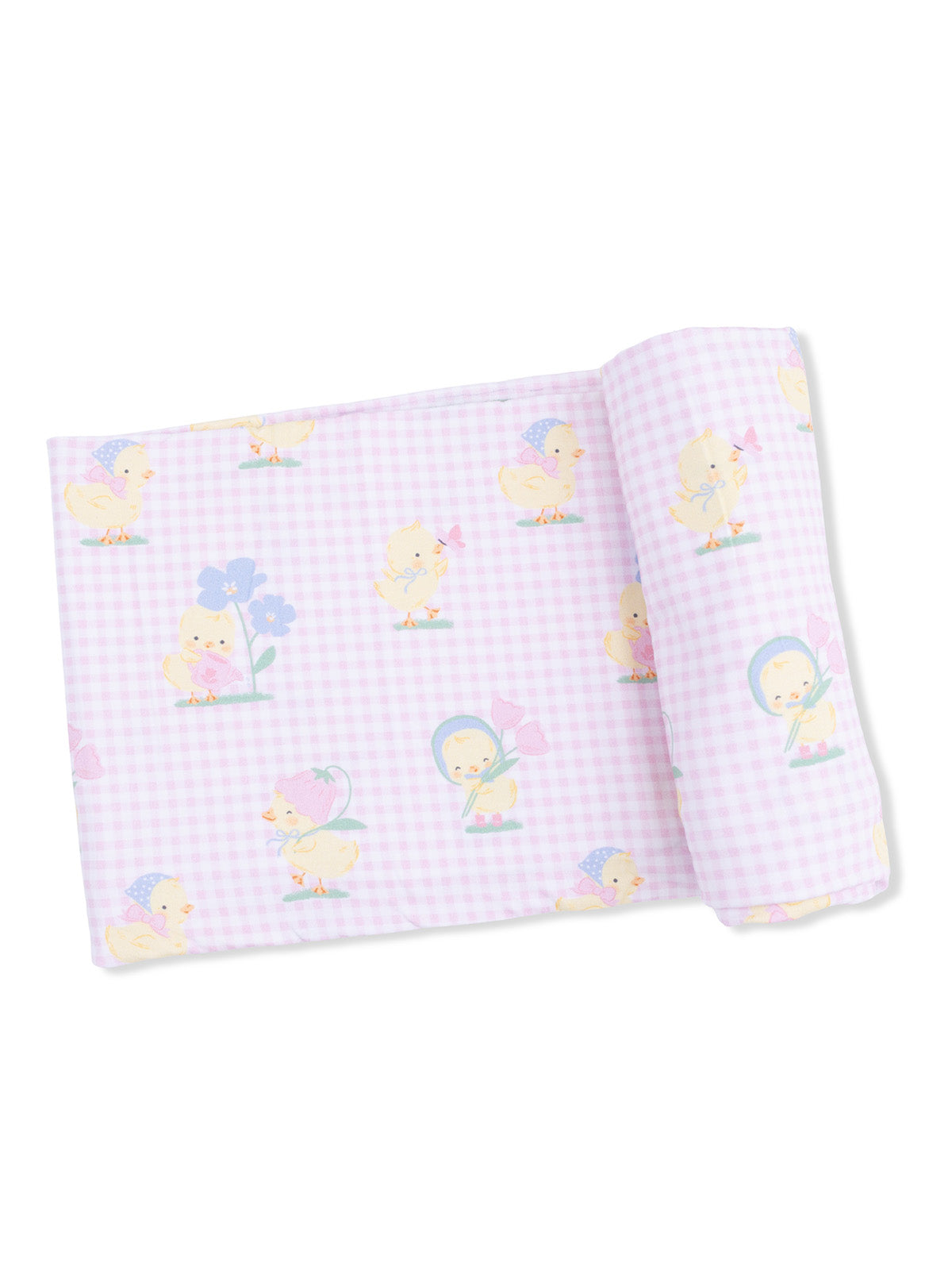 Light pink fabric with cute chick illustrations and floral patterns in a playful design.