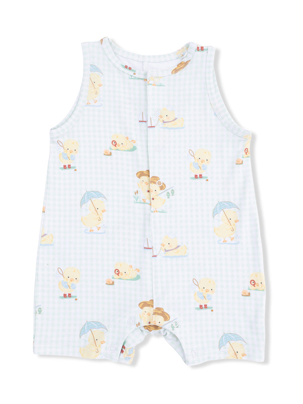 Light blue baby romper with playful duck illustrations and a checkered pattern. Perfect for warm weather wear.