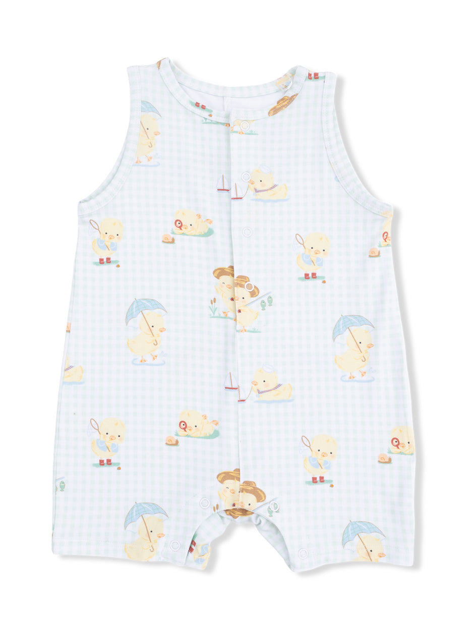 Light blue baby romper with playful duck illustrations and a checkered pattern. Perfect for warm weather wear.