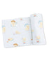 Light blue fabric featuring playful duck illustrations in various childhood activities.