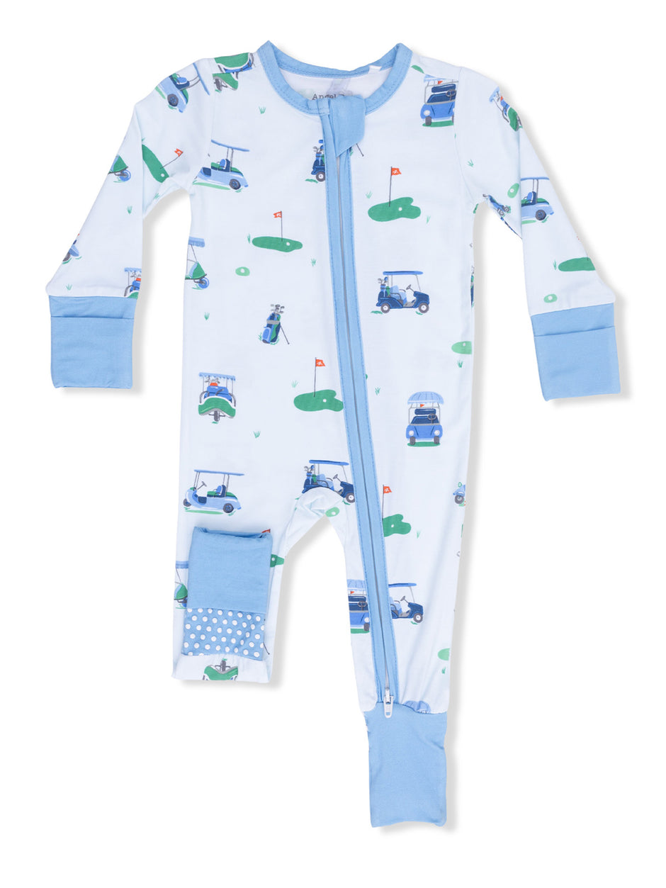 Light blue baby onesie with golf-themed print, featuring golf carts and flags, zip closure, and polka dot accents.