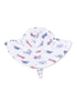 White sun hat with colorful airplane prints, designed for children, featuring a wide brim and chin strap.