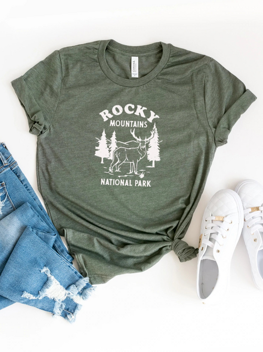 Vintage Rocky Mountains National Park Adult Graphic Tee, Army Green