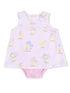 Light pink sleeveless baby dress with cute chick and flower patterns, featuring a bow detail on the shoulder.
