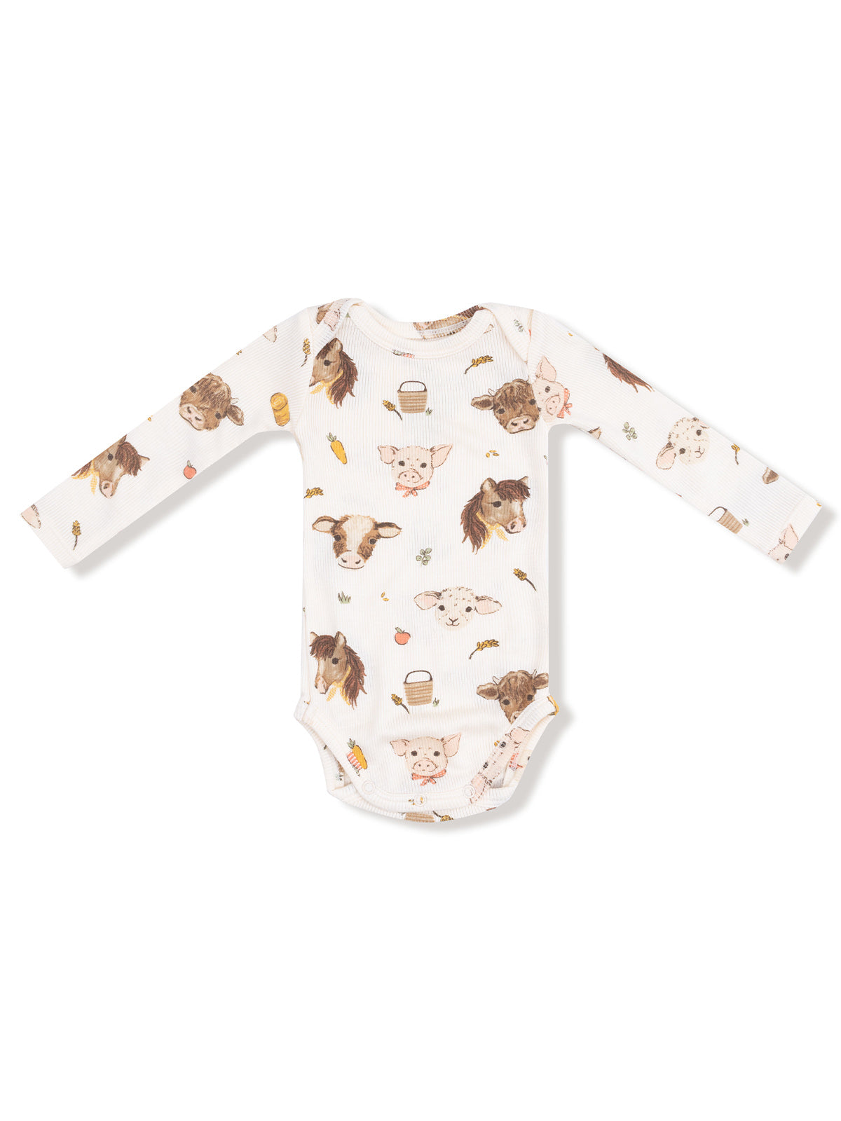 Long-sleeve baby onesie featuring cute animal prints including cows, pigs, and horses on a white background.