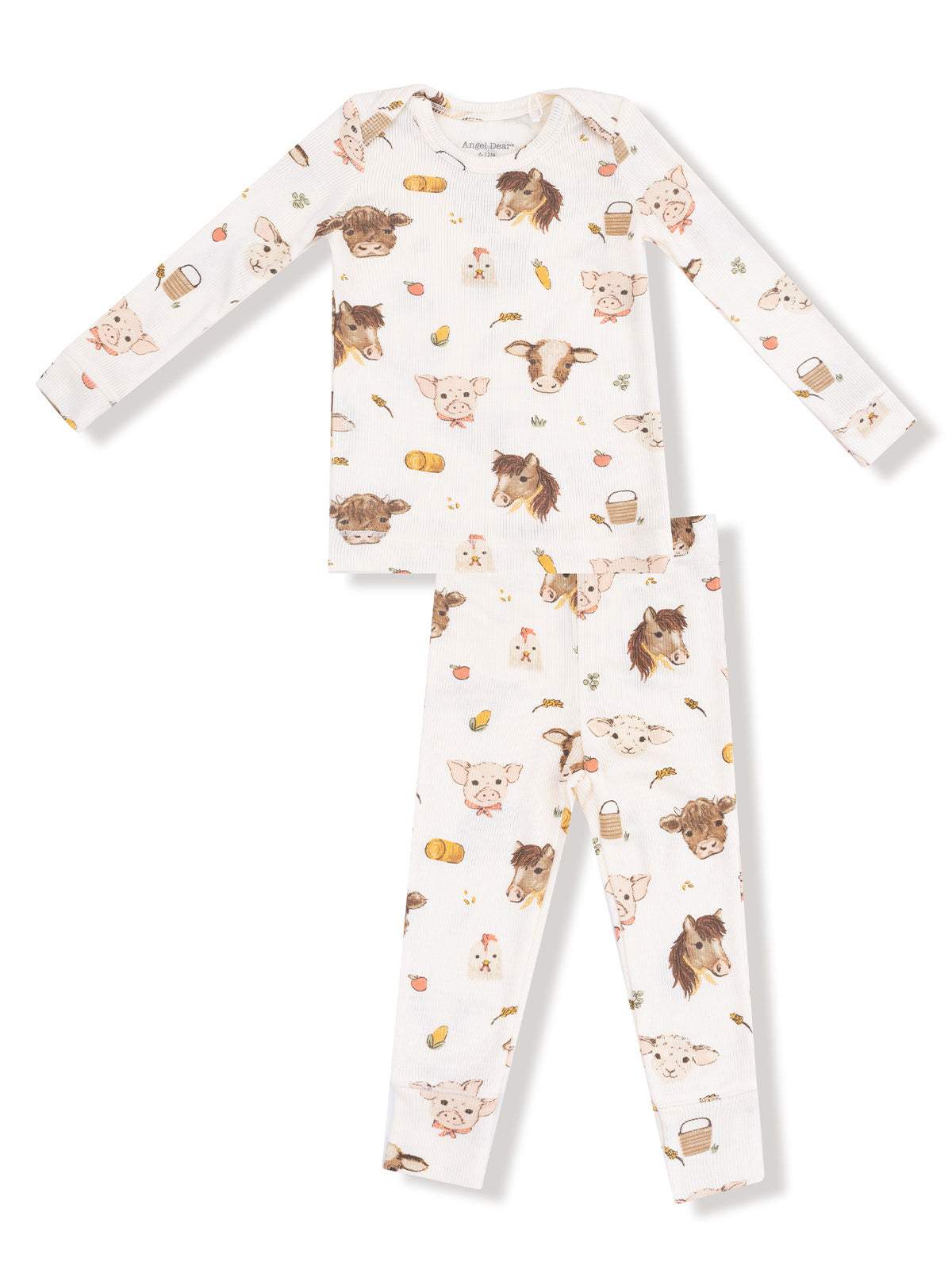 Kids' pajama set featuring playful animal prints, including cows and pigs, on a white background.