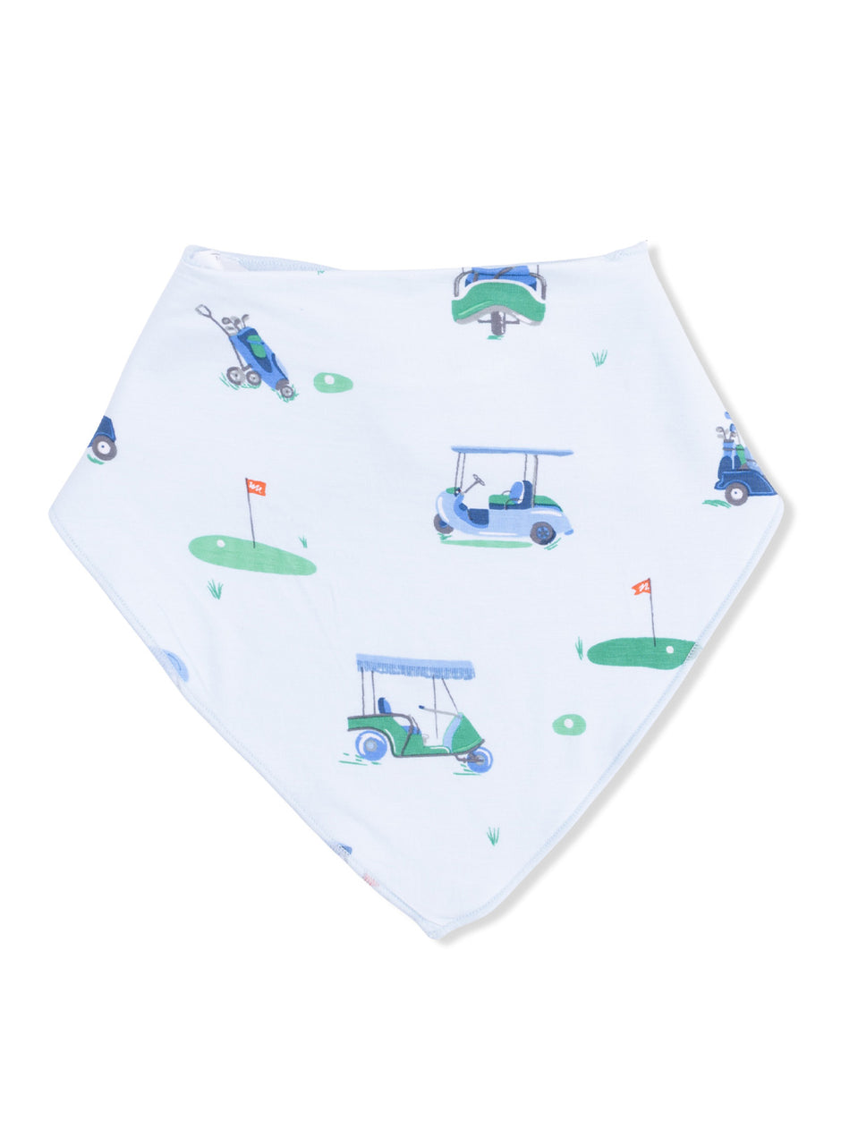 Golf-themed bandana featuring colorful golf carts and green landscapes on a light background.