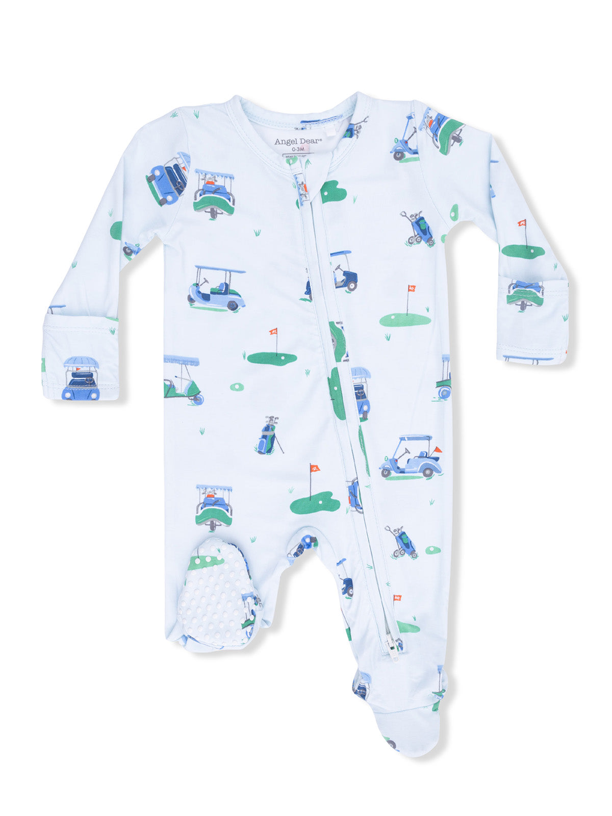 Baby pajama with a golf cart print, featuring long sleeves and a zipper closure for easy dressing.