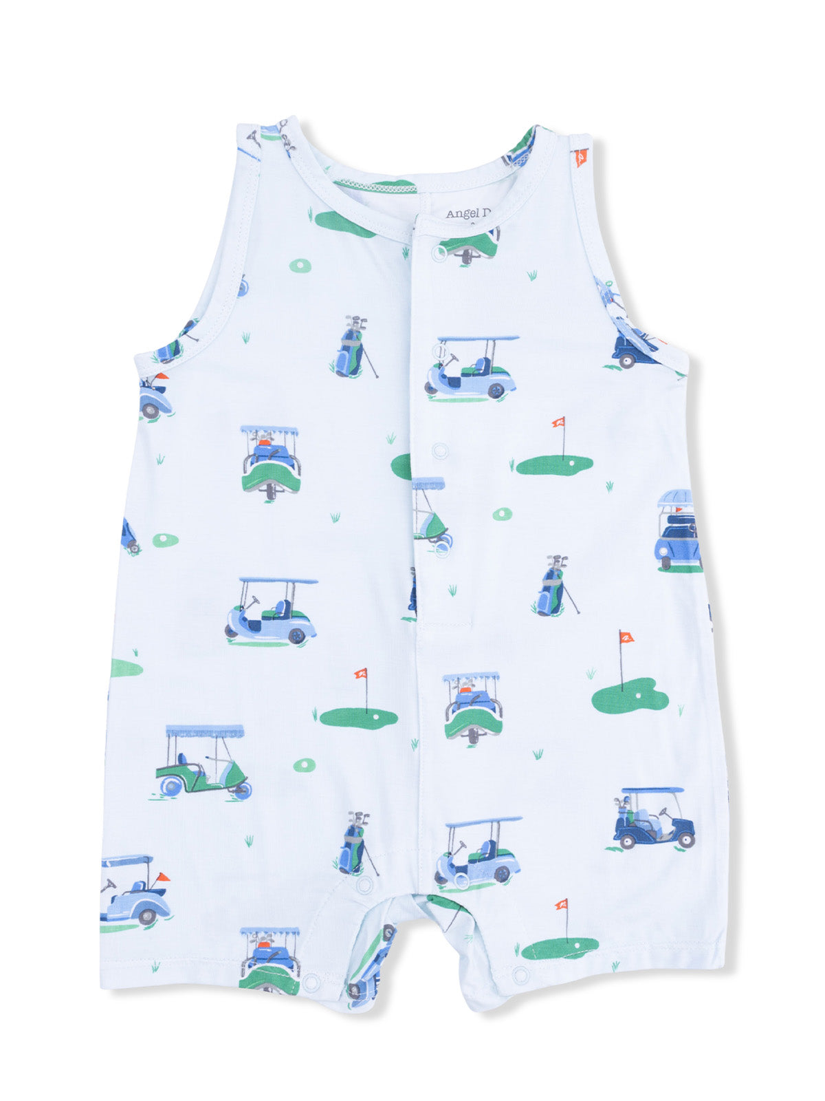 Light blue sleeveless romper with golf cart and green patterns, perfect for kids' summer wear.