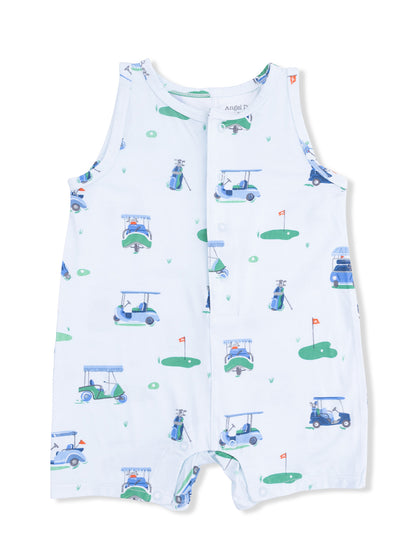 Light blue sleeveless romper with golf cart and green patterns, perfect for kids' summer wear.