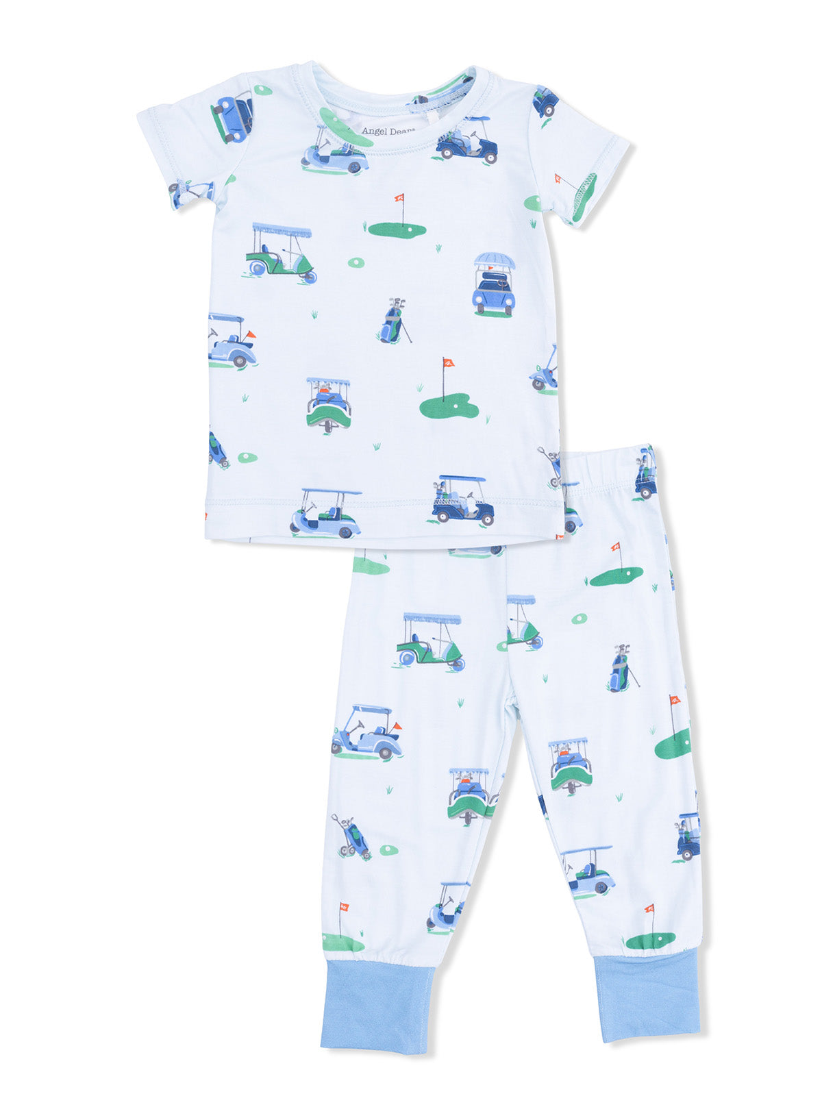 Children's golf-themed pajamas featuring golf carts and putting greens in a light blue color scheme.