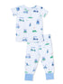 Children's golf-themed pajamas featuring golf carts and putting greens in a light blue color scheme.