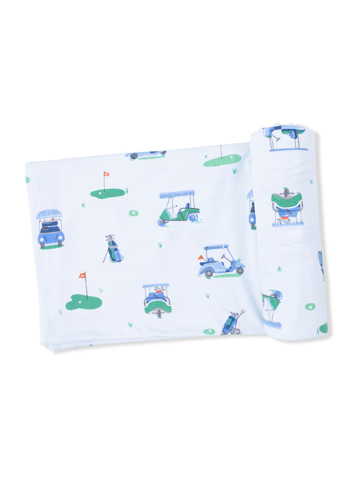 Golf-themed fabric featuring illustrated golf carts and equipment on a light background.