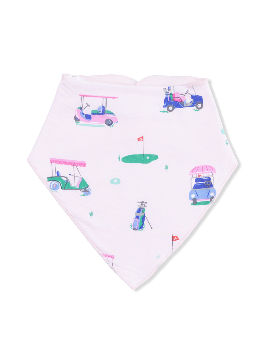 Pink bandana with a playful golf cart pattern, featuring golf clubs and colorful golfing elements.