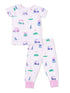 Girls' golf-themed pajama set with short sleeve top and pants, featuring colorful golf carts and accessories.
