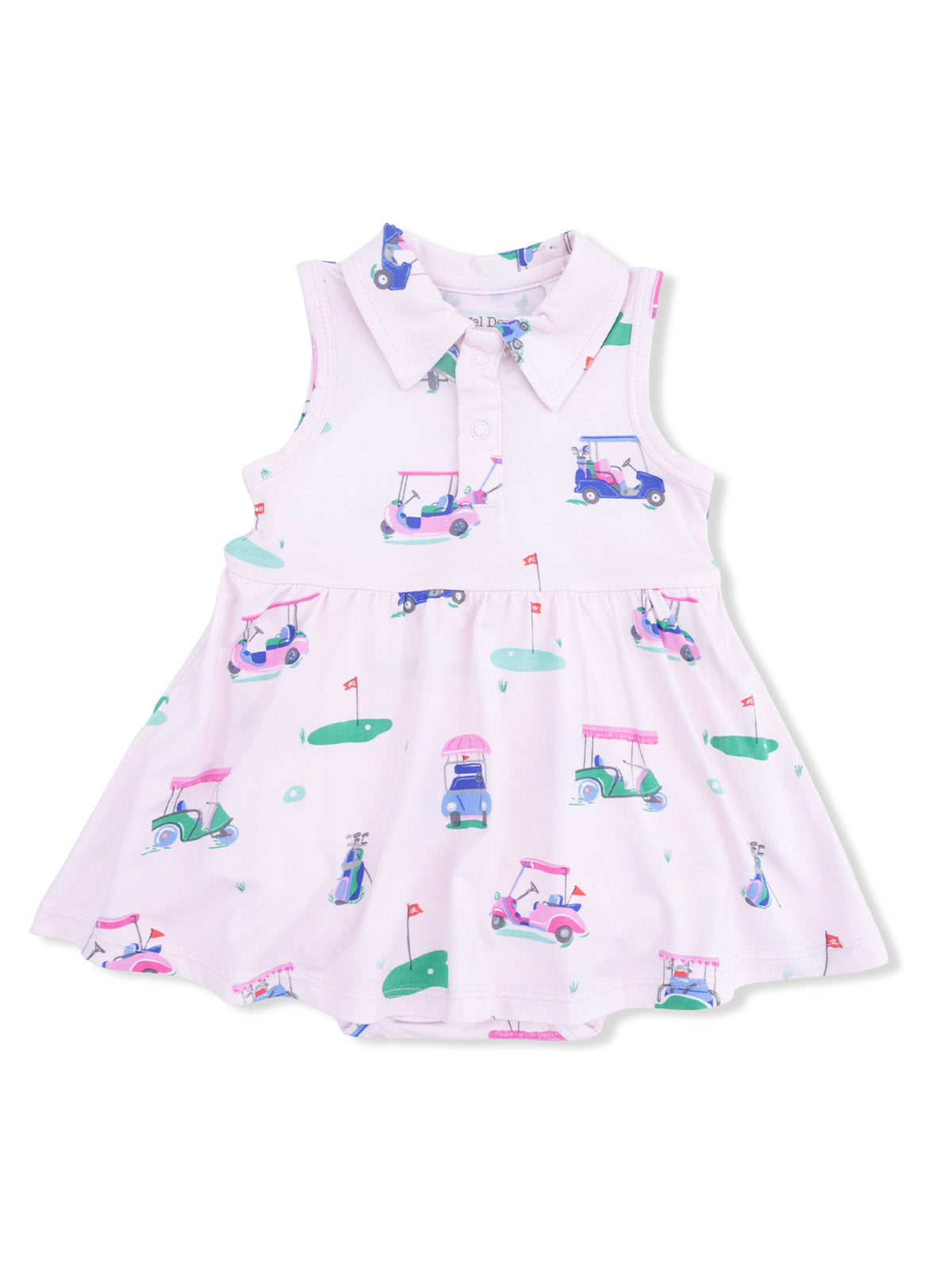 Light pink dress with collar, featuring a playful golf cart pattern. Ideal for young girls' casual wear.
