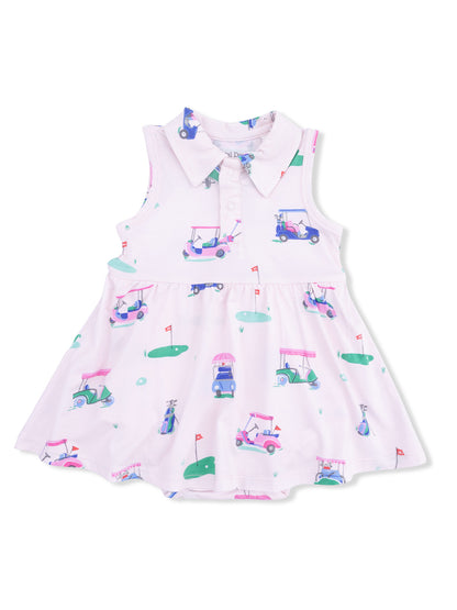 Light pink dress with collar, featuring a playful golf cart pattern. Ideal for young girls' casual wear.