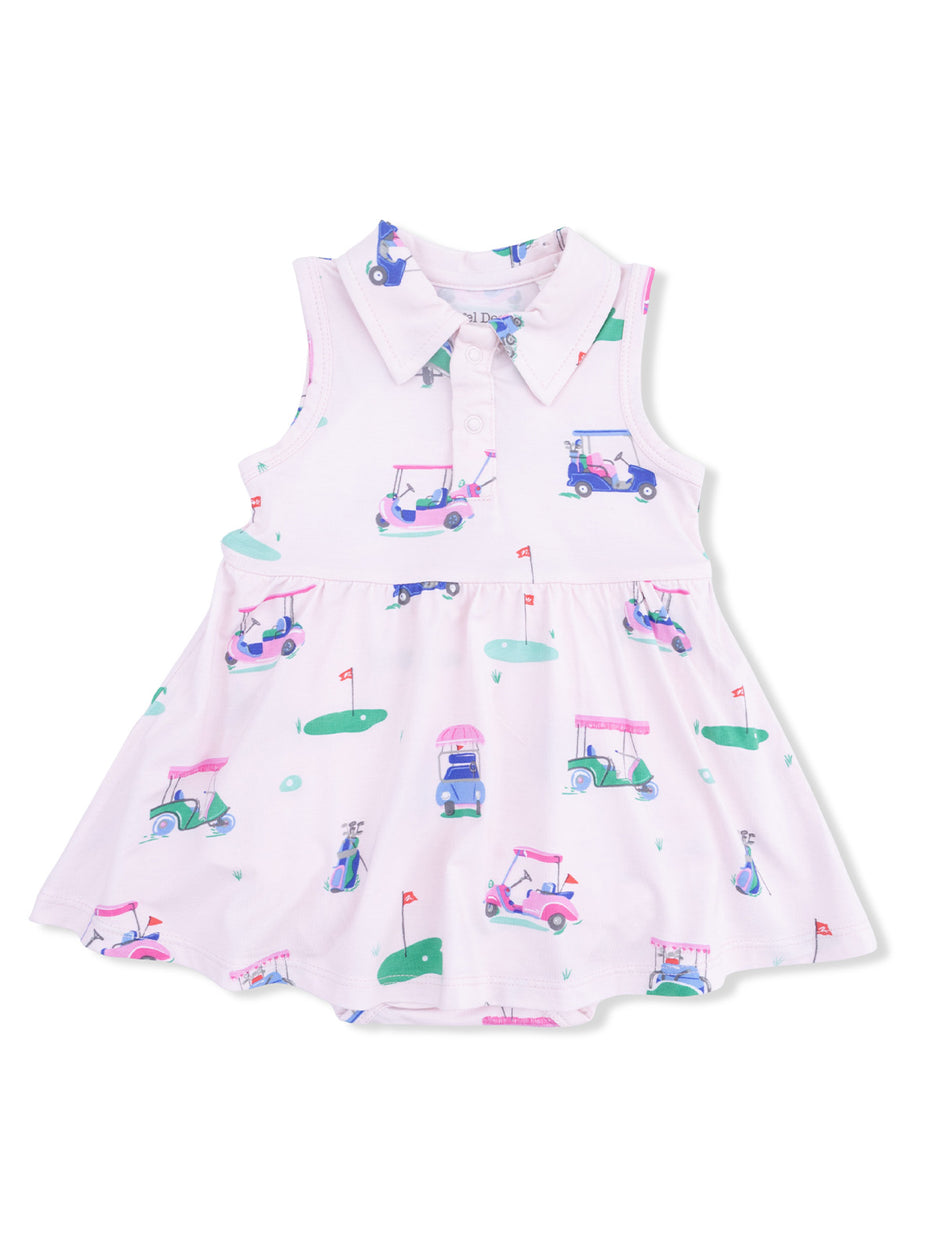 Light pink dress with collar, featuring a playful golf cart pattern. Ideal for young girls' casual wear.