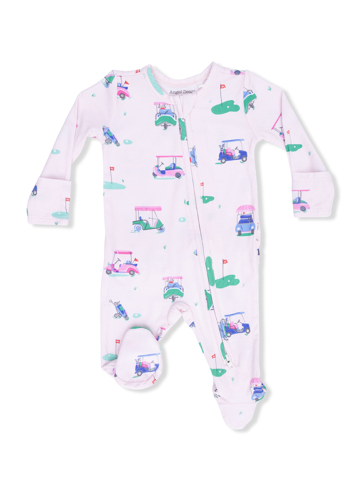 Pink baby onesie with golf cart patterns, featuring long sleeves and zippers for easy dressing.