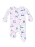 Pink baby onesie with golf cart patterns, featuring long sleeves and zippers for easy dressing.