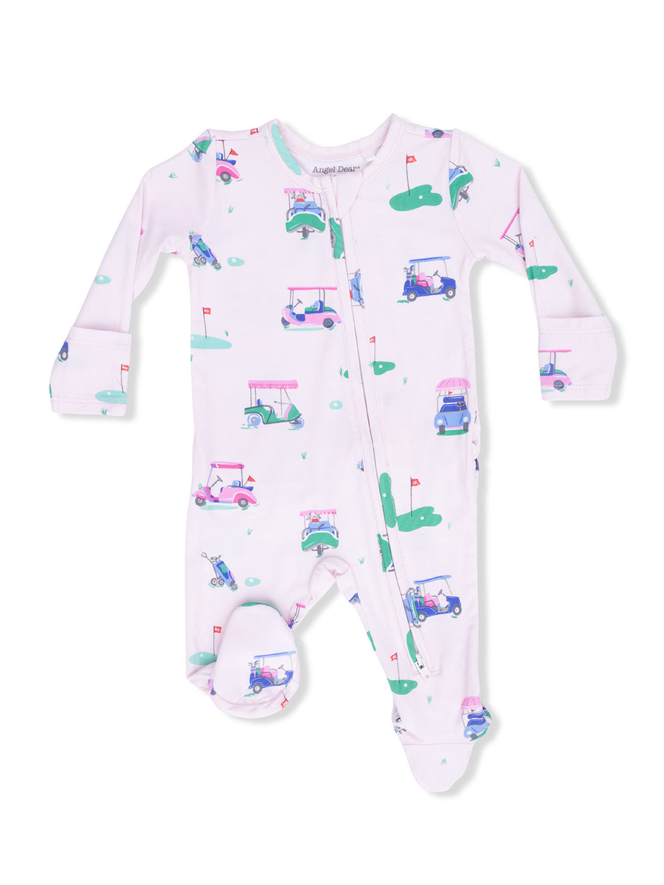 Pink baby onesie with golf cart patterns, featuring long sleeves and zippers for easy dressing.