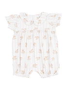 White baby romper with a playful rocking horse print and ruffled sleeves. Perfect for toddlers.