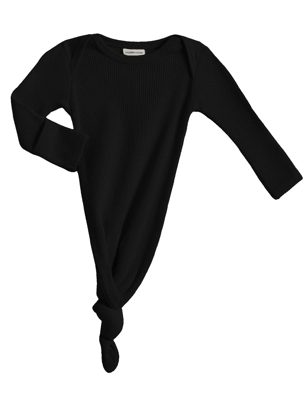 Black ribbed long sleeve top with a knotted detail at the hem.