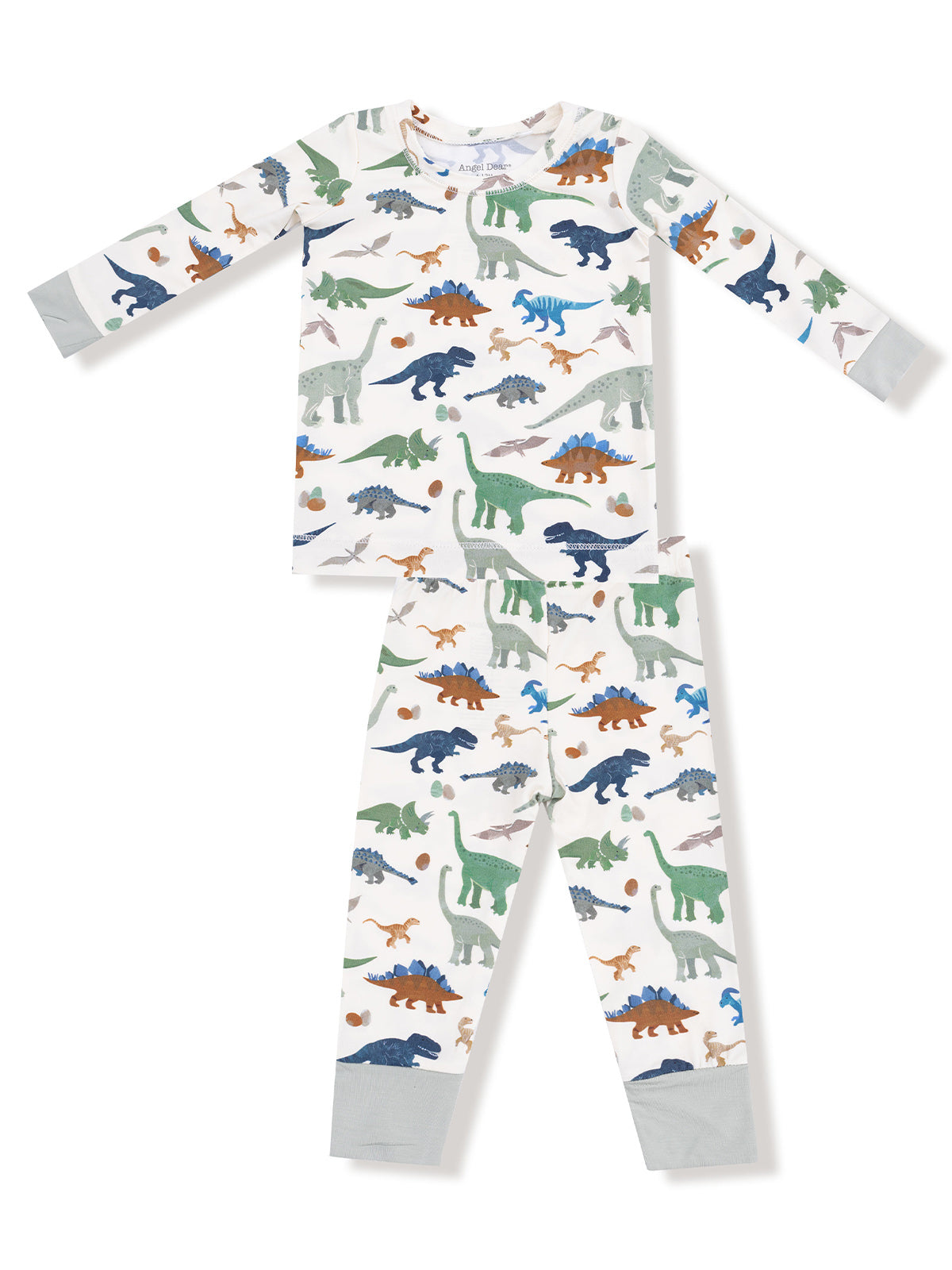Dinosaur-patterned children's pajamas featuring colorful dinosaurs on a light background.