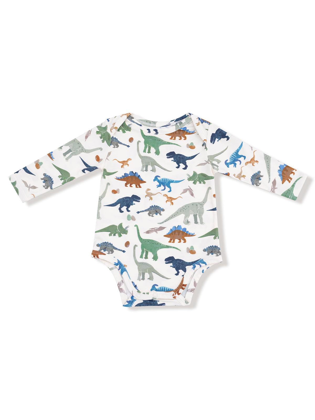 Long-sleeve baby onesie with colorful dinosaur prints on a white background.