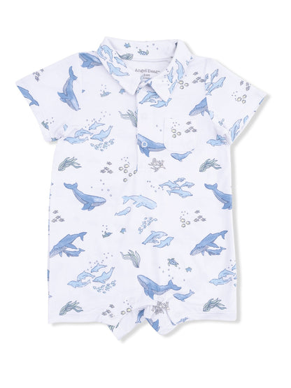 White short-sleeve romper with blue whale and marine life print, featuring a collar and front pocket.