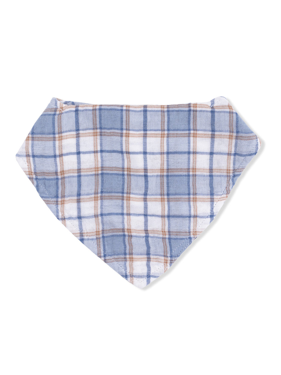 Blue and white plaid bandana with brown accents, shaped in a triangle.