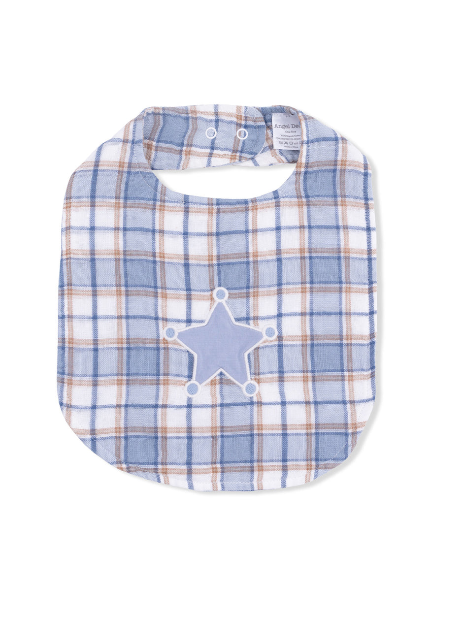 Blue and white checkered baby bib with a star appliqué in the center.