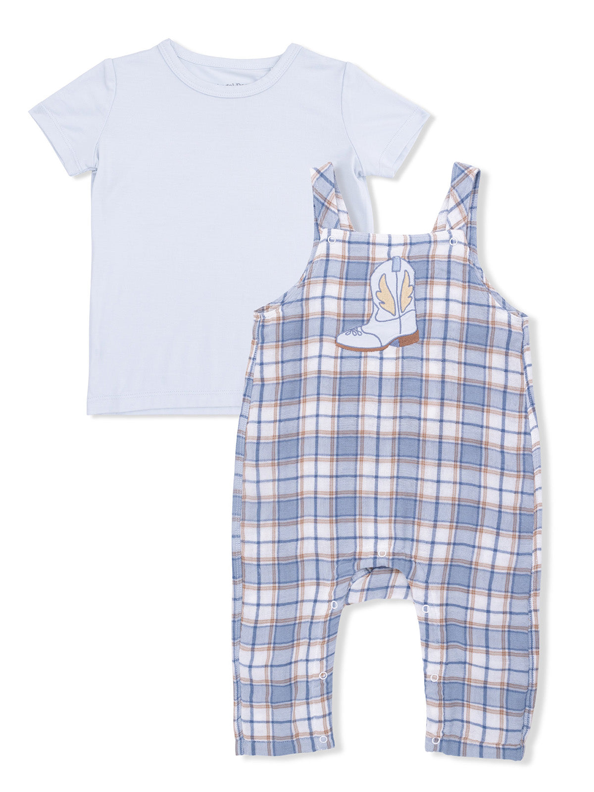 Light blue t-shirt paired with plaid overalls featuring a cowboy boot design. Ideal for casual kids' wear.