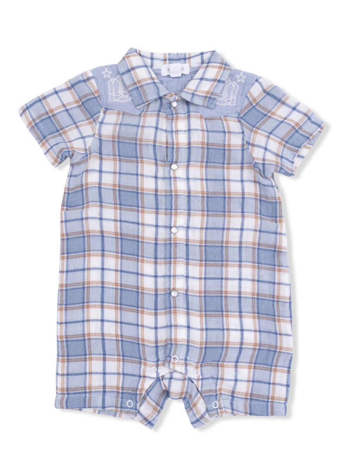 Blue and white plaid short-sleeve romper with a button front and embroidery details. Ideal for warm weather wear.