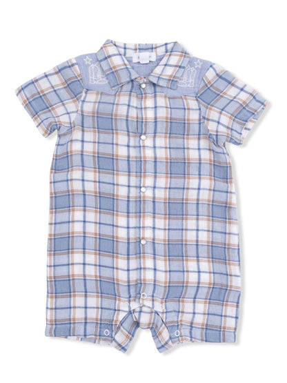 Blue and white plaid short-sleeve romper with a button front and embroidery details. Ideal for warm weather wear.