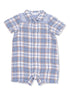 Blue and white plaid short-sleeve romper with a button front and embroidery details. Ideal for warm weather wear.