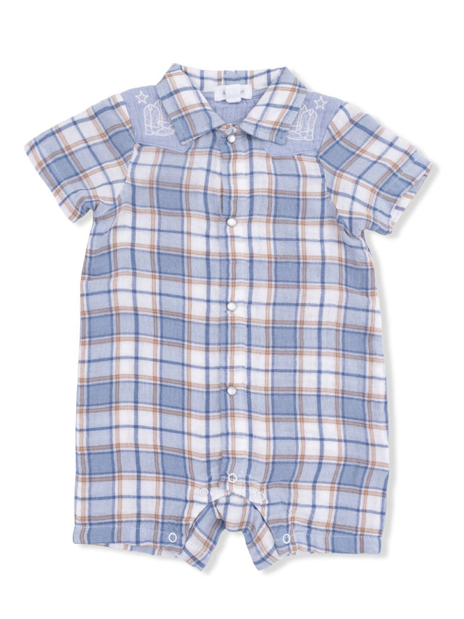 Blue and white plaid short-sleeve romper with a button front and embroidery details. Ideal for warm weather wear.