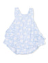 Light blue baby dress with a floral pattern, featuring ruffles along the sides and a sleeveless design.