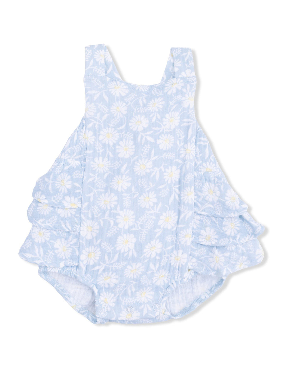 Light blue baby dress with a floral pattern, featuring ruffles along the sides and a sleeveless design.