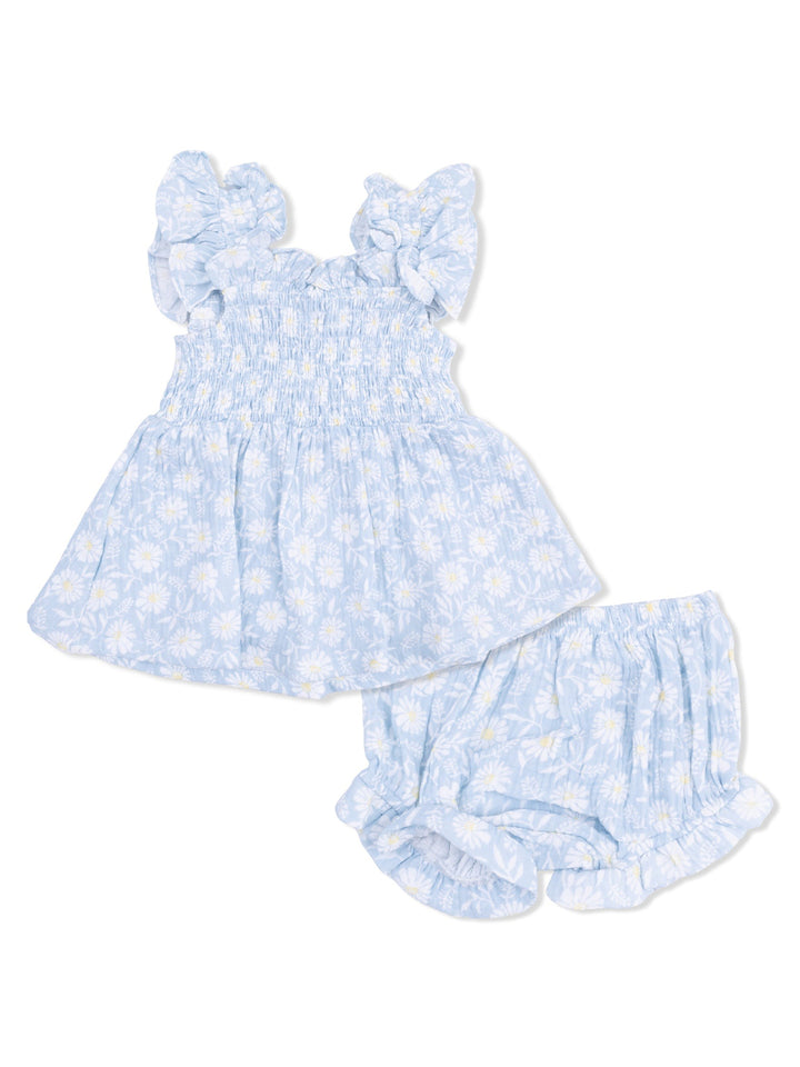 Light blue floral dress set with ruffled sleeves and matching shorts. Ideal for warm-weather toddler outfits.