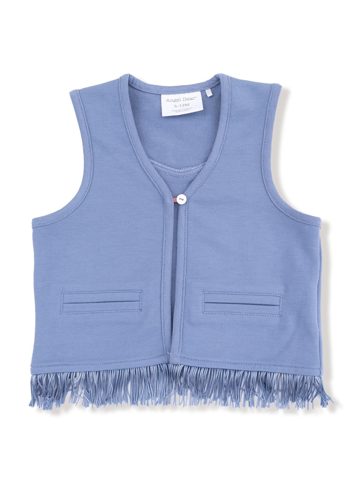 Light blue toddler vest with fringe, featuring a front button closure and two small pockets.