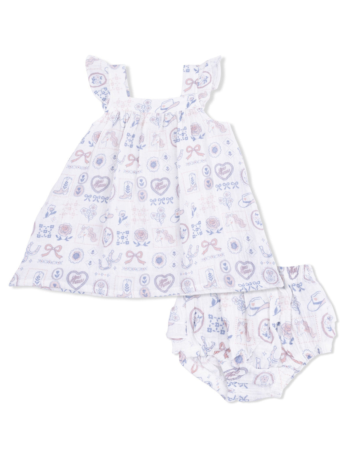 White baby dress with ruffled sleeves and matching bloomers featuring colorful, playful patterns.