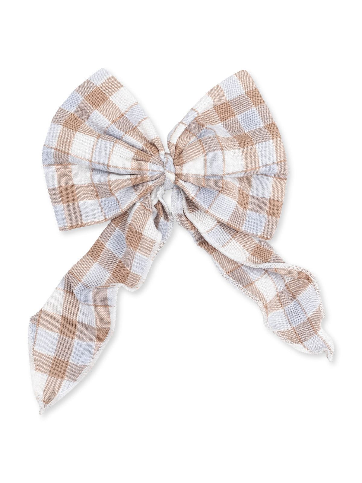 Brown and white checkered fabric bow with long tails on a white background.