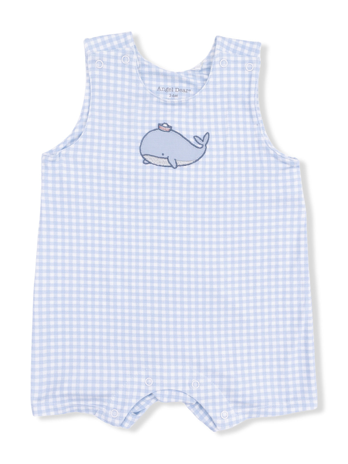 Light blue gingham baby romper featuring a whale embroidery on the front. Suitable for infants up to 36 months.