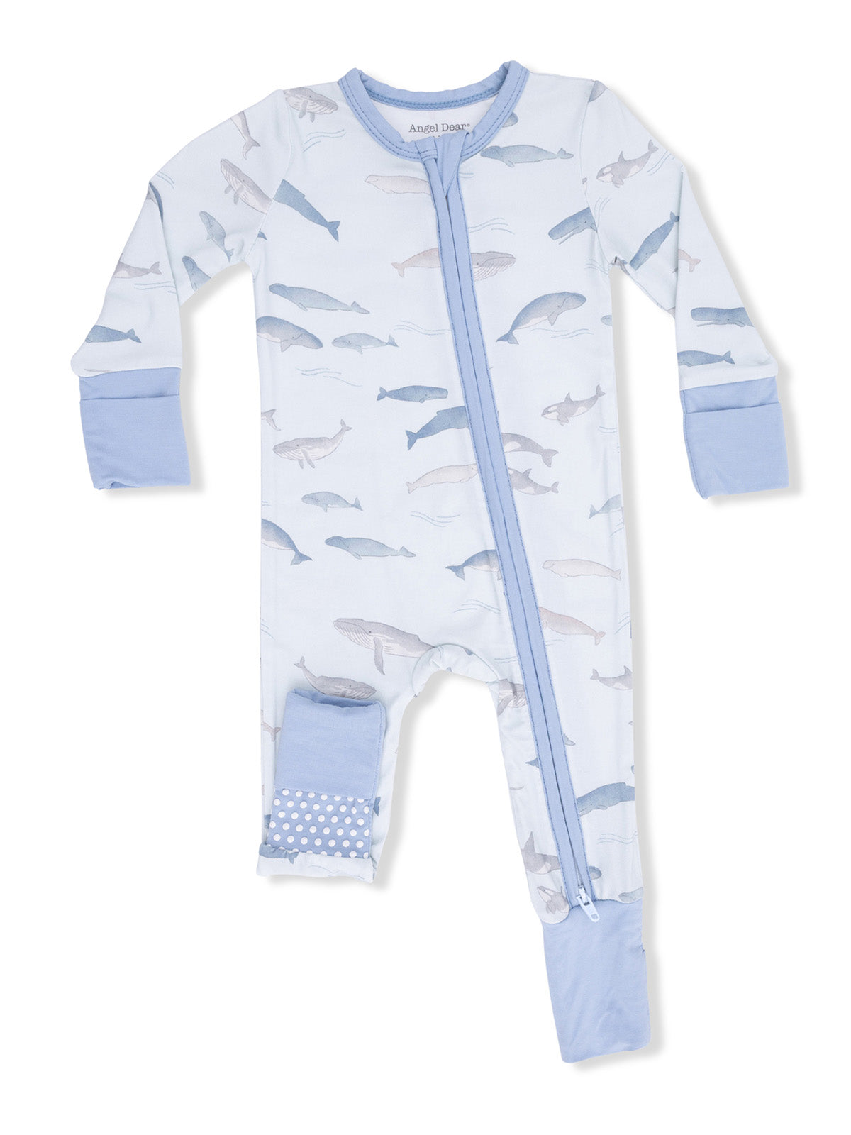 Light blue infant pajama with fish prints and zip front closure, featuring long sleeves and a polka dot patch.