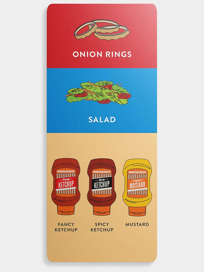 Menu board featuring onion rings, salad, and bottles of Whataburger fancy ketchup, spicy ketchup, and mustard.