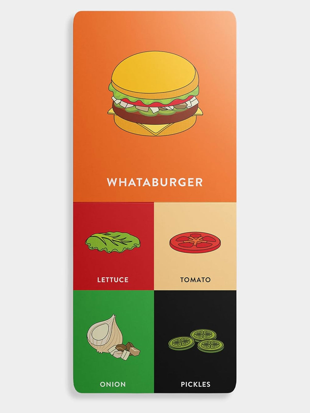 Whataburger graphic showing a burger and ingredients: lettuce, tomato, onion, and pickles.