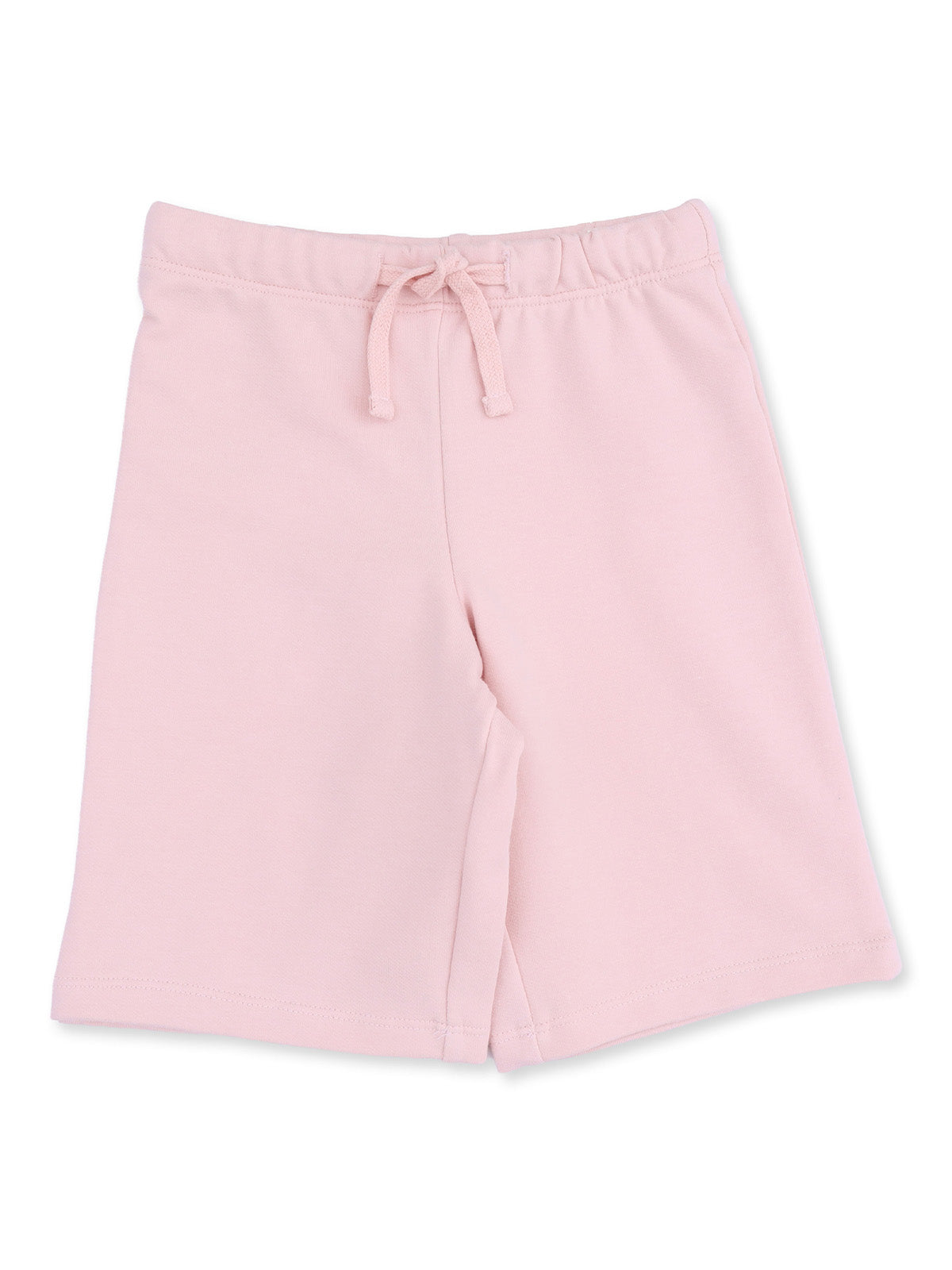 Light pink children's shorts with an elastic waistband and drawstring detail.