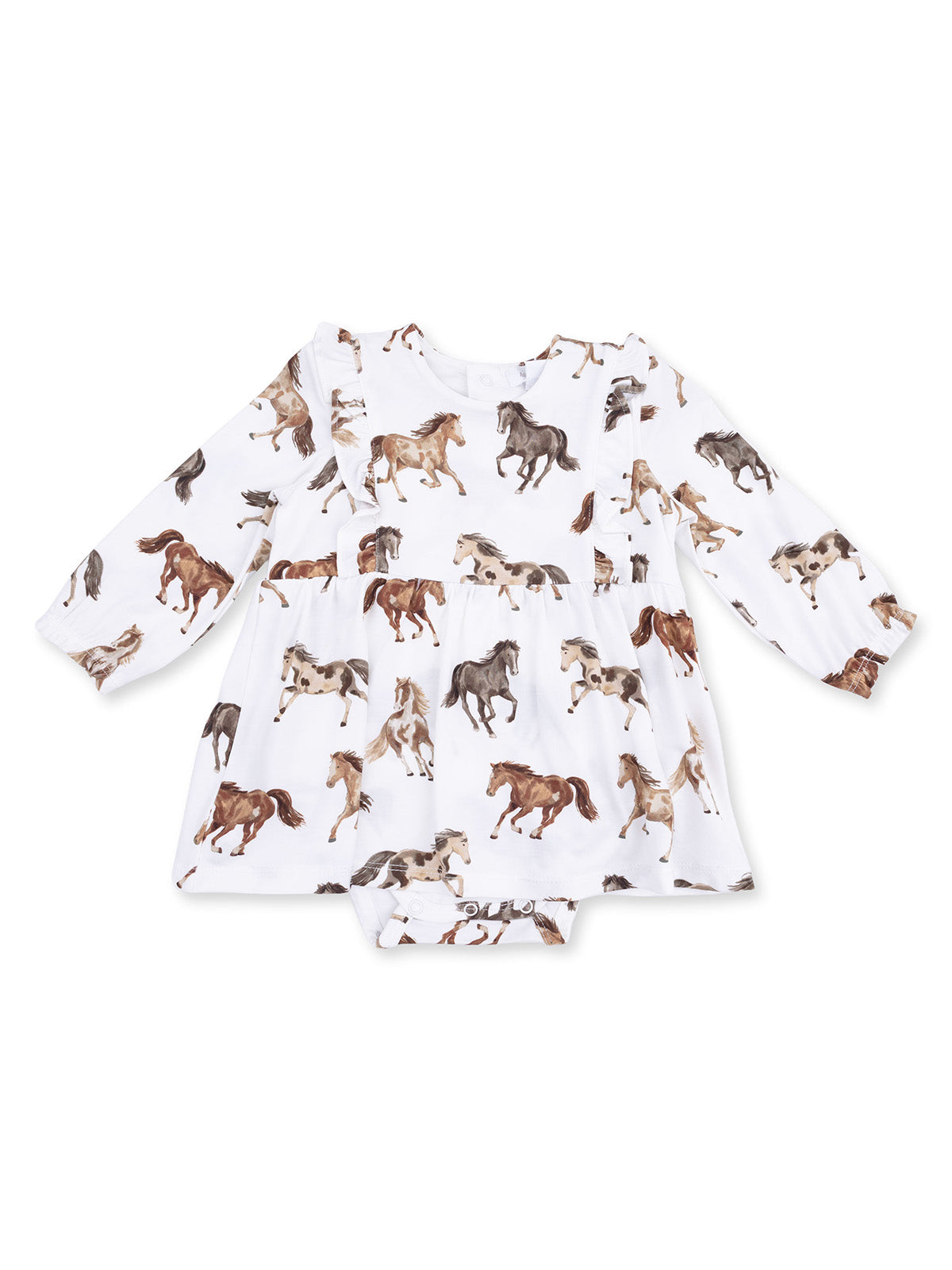 Long Sleeve Ruffle Bodysuit Dress, Wild Horses