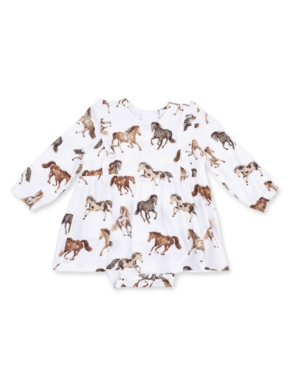 Long Sleeve Ruffle Bodysuit Dress, Wild Horses